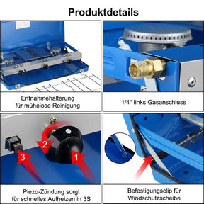 Camplux Campingkocher 3-Flammig mit Deckel/ Camping Gaskocher/ 4,5kW/ 50mbar Gasregler/ Butan/Propan/ Winddicht