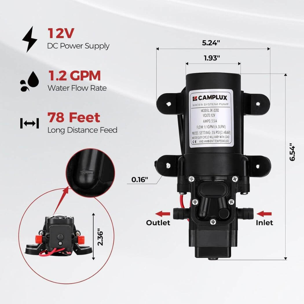 Camplux Pompe à eau 12 V 35 PSI DC 1,2 GPM 4,3 LPM Diaphragme pour caravane RV Bateau de pêche marin