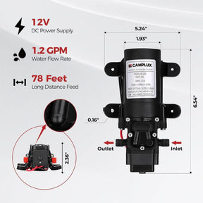 Camplux 12V Wasserpumpe 35PSI DC 1,2GPM 4,3LPM Membran für Caravan RV Marine Fischerboot