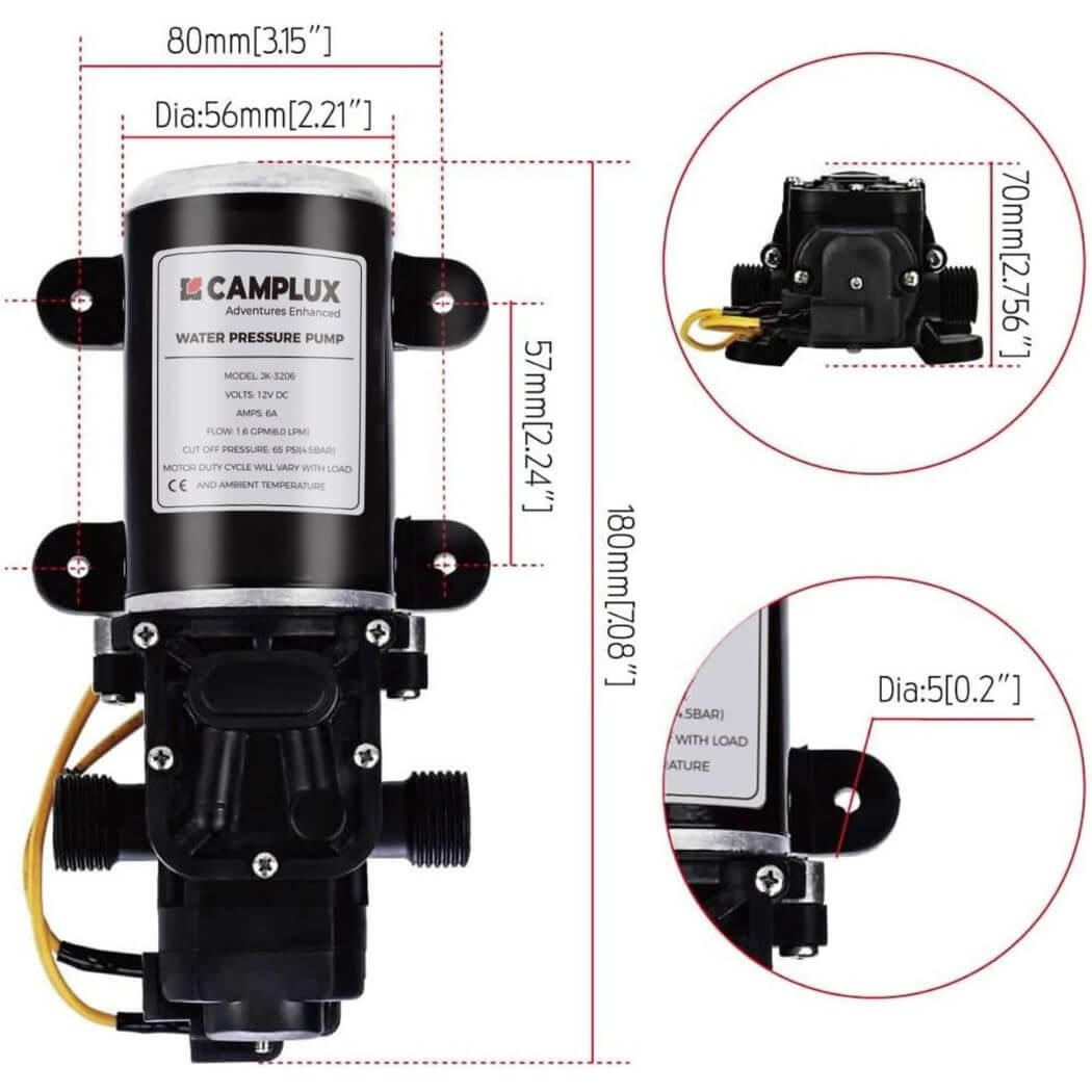 Camplux 12V Wasserpumpe 65PSI DC 1,6GPM 6LPM Membran 