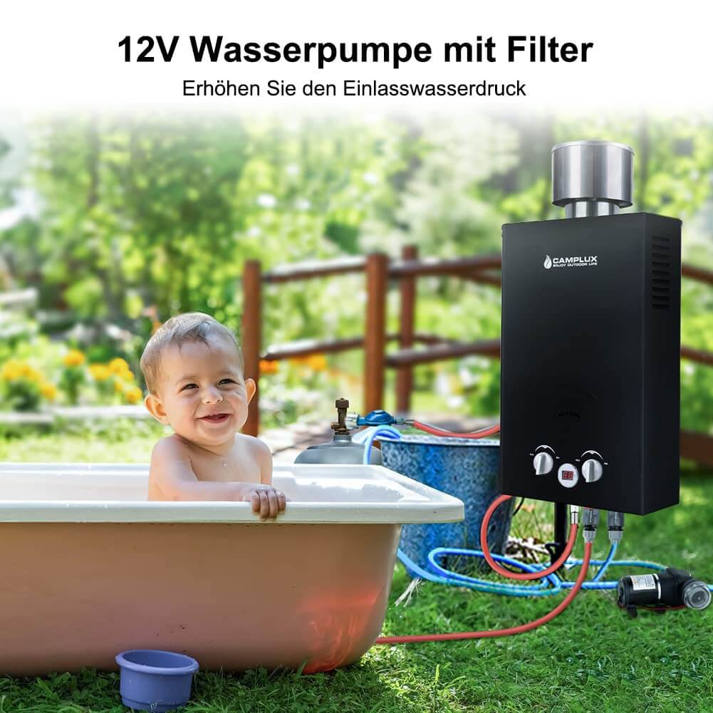 Camplux BW264BCP120-DE Gas-Warmwasserbereiter mit Wasserpumpe, tanklose Outdoor-Gasdusche für Pferdewaschen/Camping/Wohnmobilreisen, 50 mbar, LPG [Energieklasse A+] 