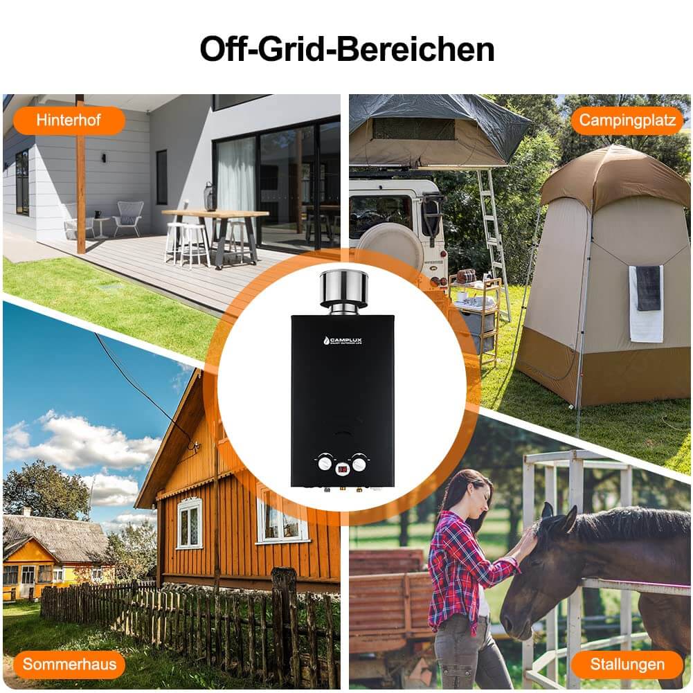 Camplux BW264BCP120-DE Gas-Warmwasserbereiter mit Wasserpumpe, tanklose Outdoor-Gasdusche für Pferdewaschen/Camping/Wohnmobilreisen, 50 mbar, LPG [Energieklasse A+] 