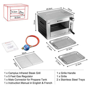 Camplux SG102 Tragbar Oberhitze Gasgrill 3,2kW, Grill à steak haut sur acier, 880°C Grill à haute température avec 5 poêles à bois 