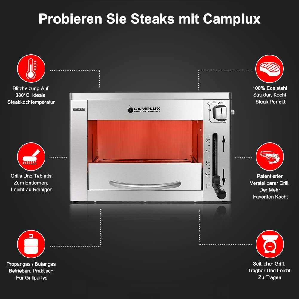 Camplux SG102 Tragbar Oberhitze Gasgrill 3,2kW, Grill à steak haut sur acier, 880°C Grill à haute température avec 5 poêles à bois 