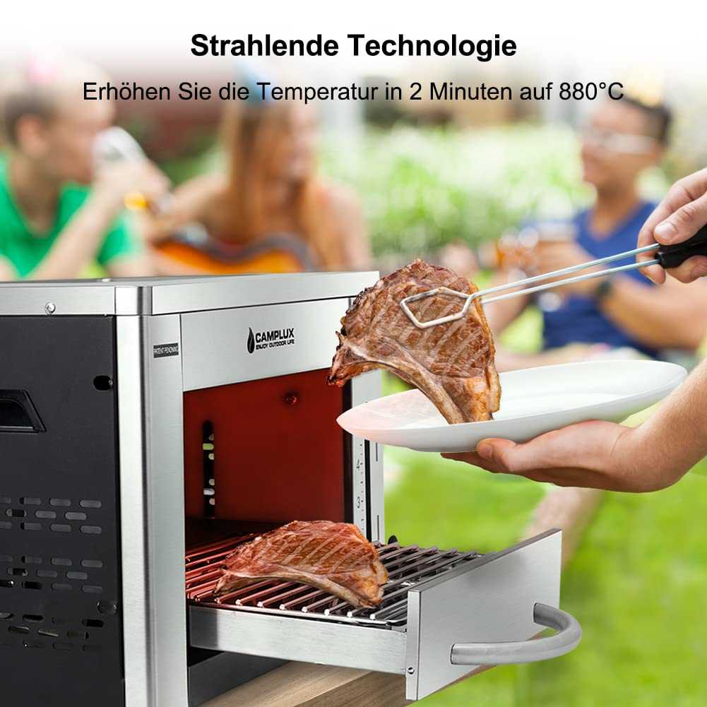 Camplux SG102 Tragbar Oberhitze Gasgrill 3,2kW, Grill à steak haut sur acier, 880°C Grill à haute température avec 5 poêles à bois 