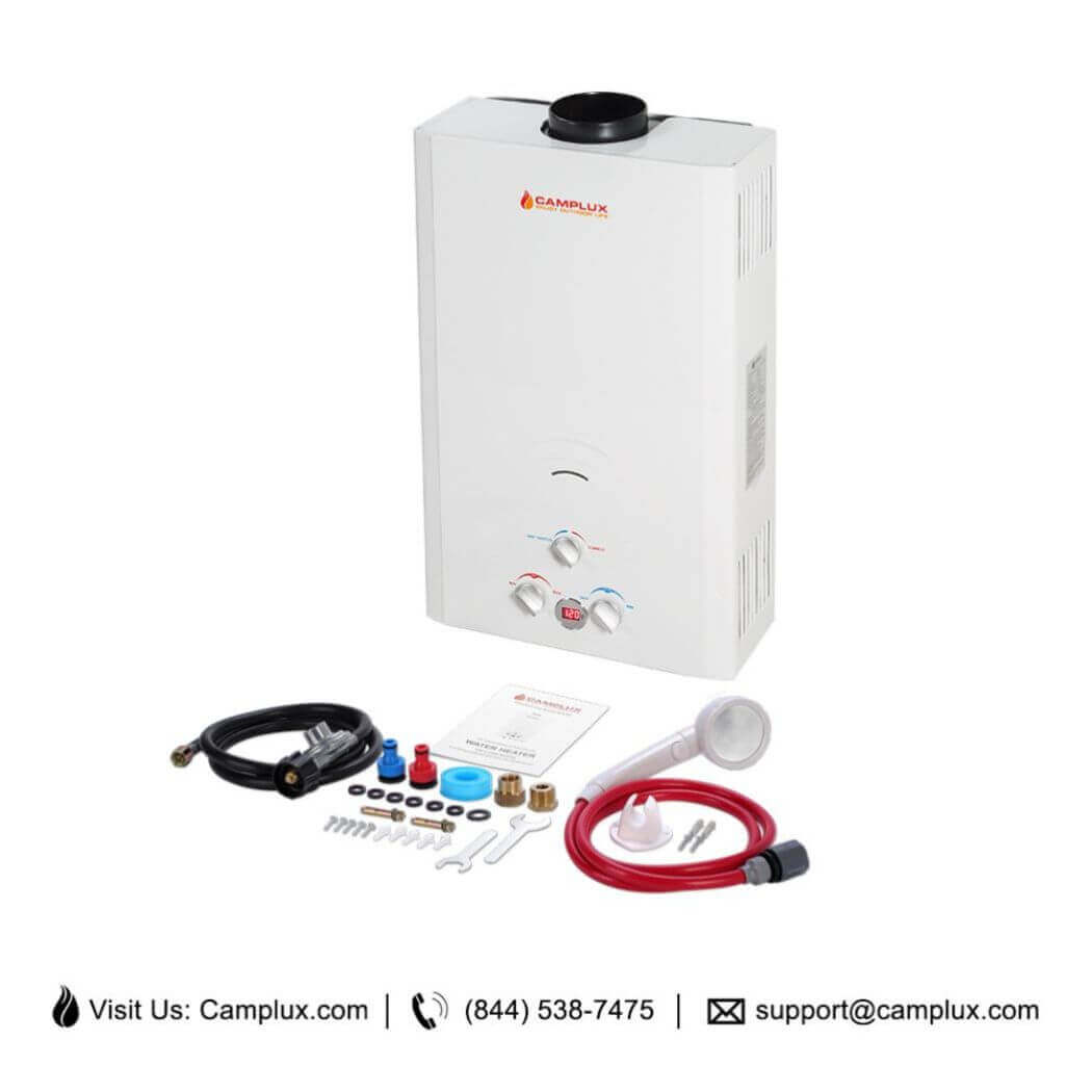 The items inside the Camplux bw422 water heater package.