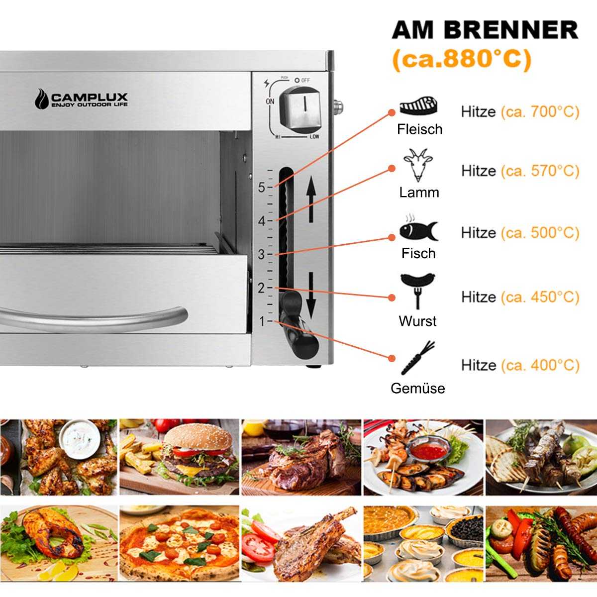 Camplux SG102 Tragbar Oberhitze Gasgrill 3,2kW, Hochleistungs Steakgrill aus Edelstahl, 880°C Hochtemperaturgrill mit 5 Höhenstufen