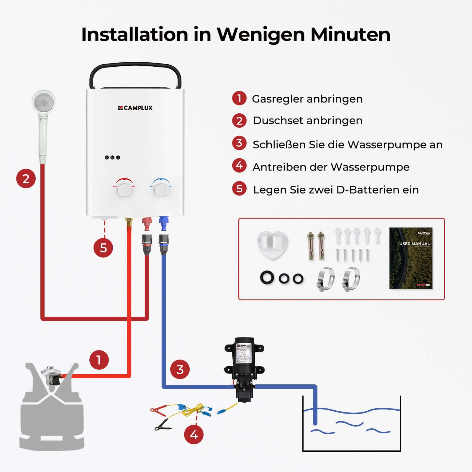 Camplux AY132P43 5 Liter Gasdurchlauferhitzer mit tragbarem Griff, Tankless LPG Durchlauferhitzer für Campingdusche Pferdedusche, Propan- oder Butangas, 10kW, 37mbar 