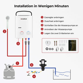 Camplux AY132P43 5 Liter Gasdurchlauferhitzer mit tragbarem Griff, Tankless LPG Durchlauferhitzer für Campingdusche Pferdedusche, Propan- oder Butangas, 10kW, 37mbar 