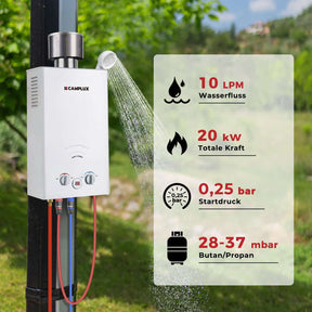 Camplux BW264C 10 Liter Gasdurchlauferhitzer mit Regenkappe, 50 mbar Tankless Outdoor-Instant-Gasdusche für Pferd waschen Camping RV Reise [Energieklasse A+] 