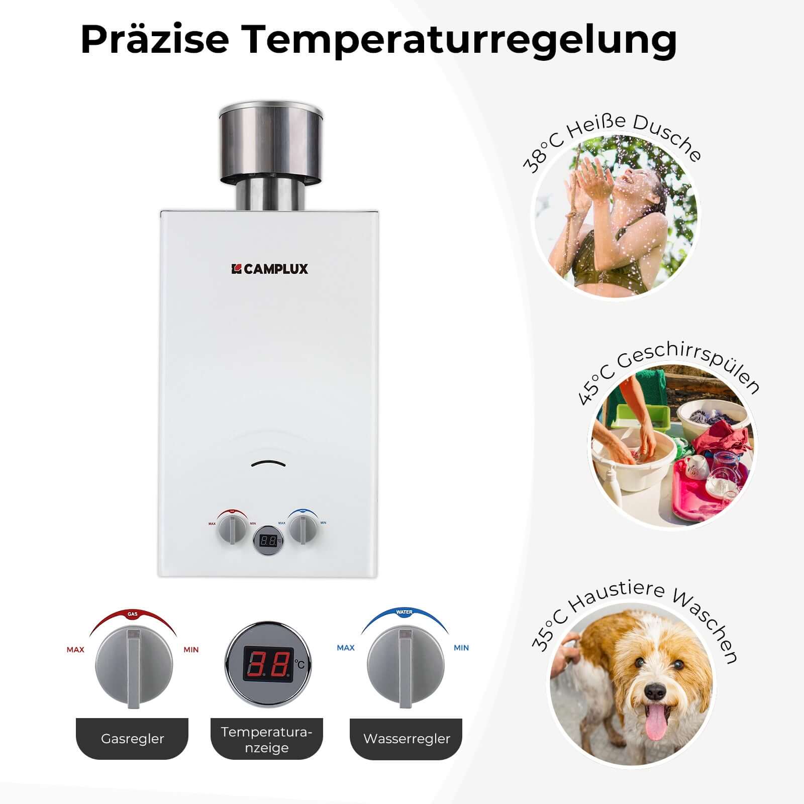 Camplux BW264C 10 Liter Gasdurchlauferhitzer mit Regenkappe, 50 mbar Tankless Outdoor-Instant-Gasdusche für Pferd waschen Camping RV Reise [Energieklasse A+] 