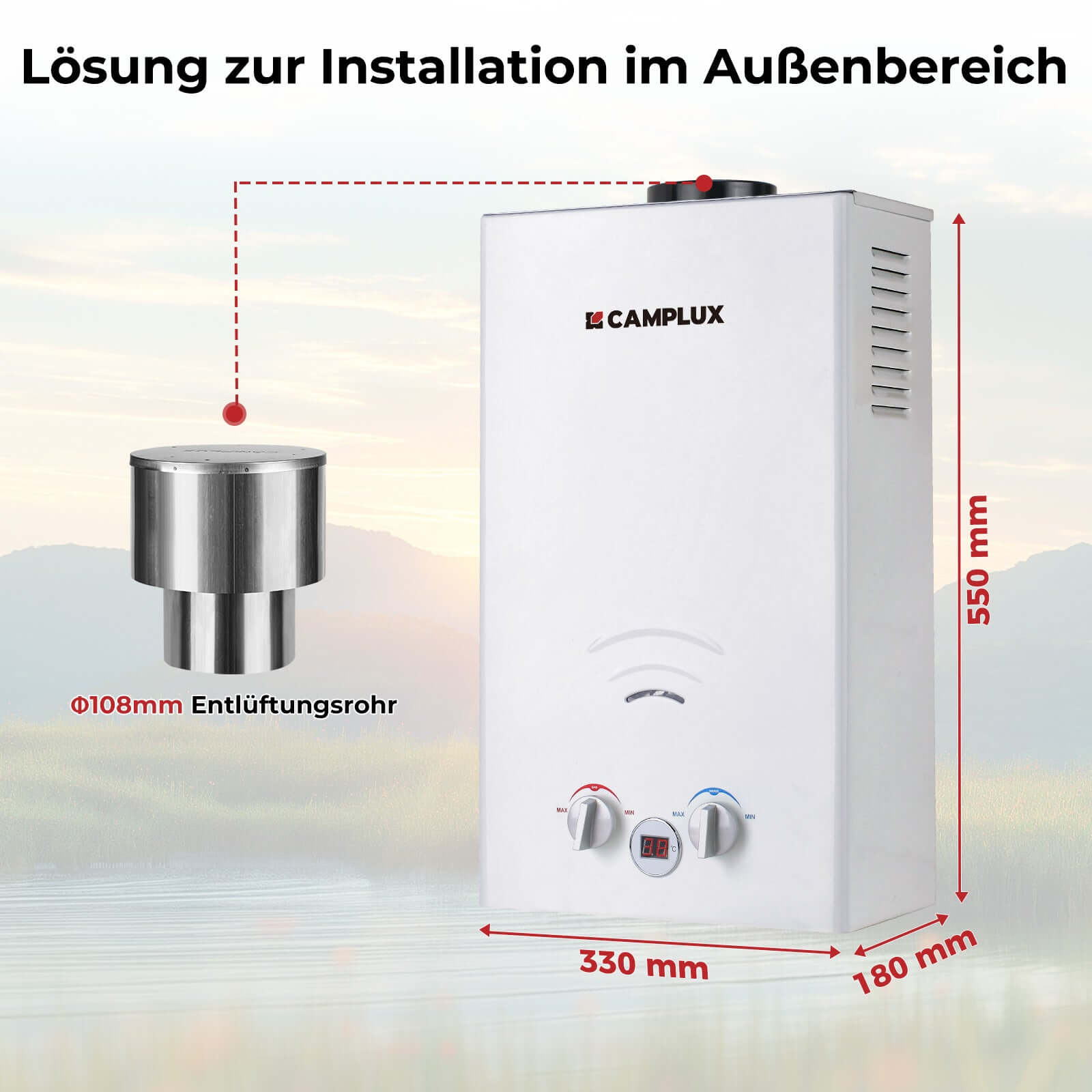 Camplux BW264C 10 Liter Gasdurchlauferhitzer mit Regenkappe, 50 mbar Tankless Outdoor-Instant-Gasdusche für Pferd waschen Camping RV Reise [Energieklasse A+] 