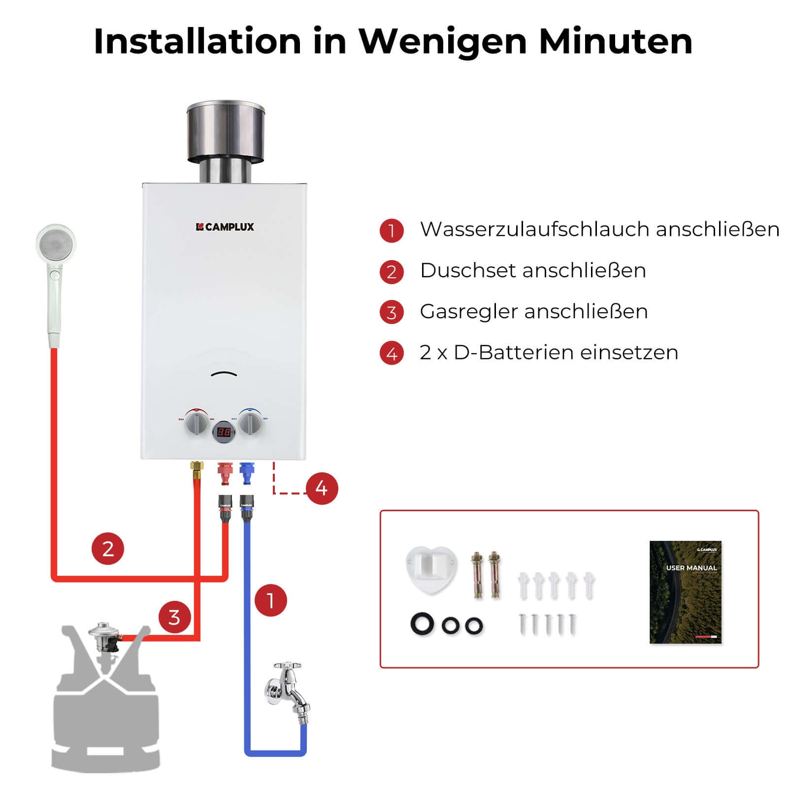 Camplux BW264C Réservoir à gaz avec réservoir de régénération, 10 litres, 50 mbar, sans réservoir, pour l'extérieur, instantané, pour les toilettes, camping, camping-car, voyage [Classe énergétique A+] 