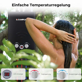 Camplux BW158BC Tankless Gasdurchlauferhitzer mit Regenkappe, 6L Outdoor Instant Gasdusche für Pferde/Camping/RV Reise [Energieklasse A+]