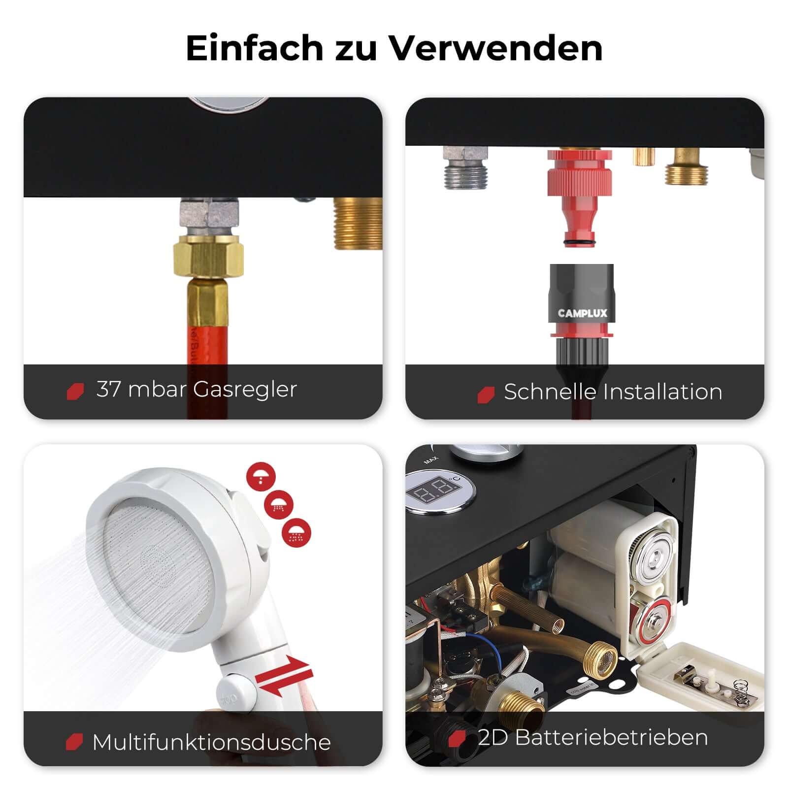 Camplux BW158BC Gasdurchlauferhitzer mit Regenhaube, Tankless Propangas Durchlauferhitzer Tragbar 6 Liter, 12kW, mit CE-zertifiziert GAR Standard, für Camping Pferdedusche 