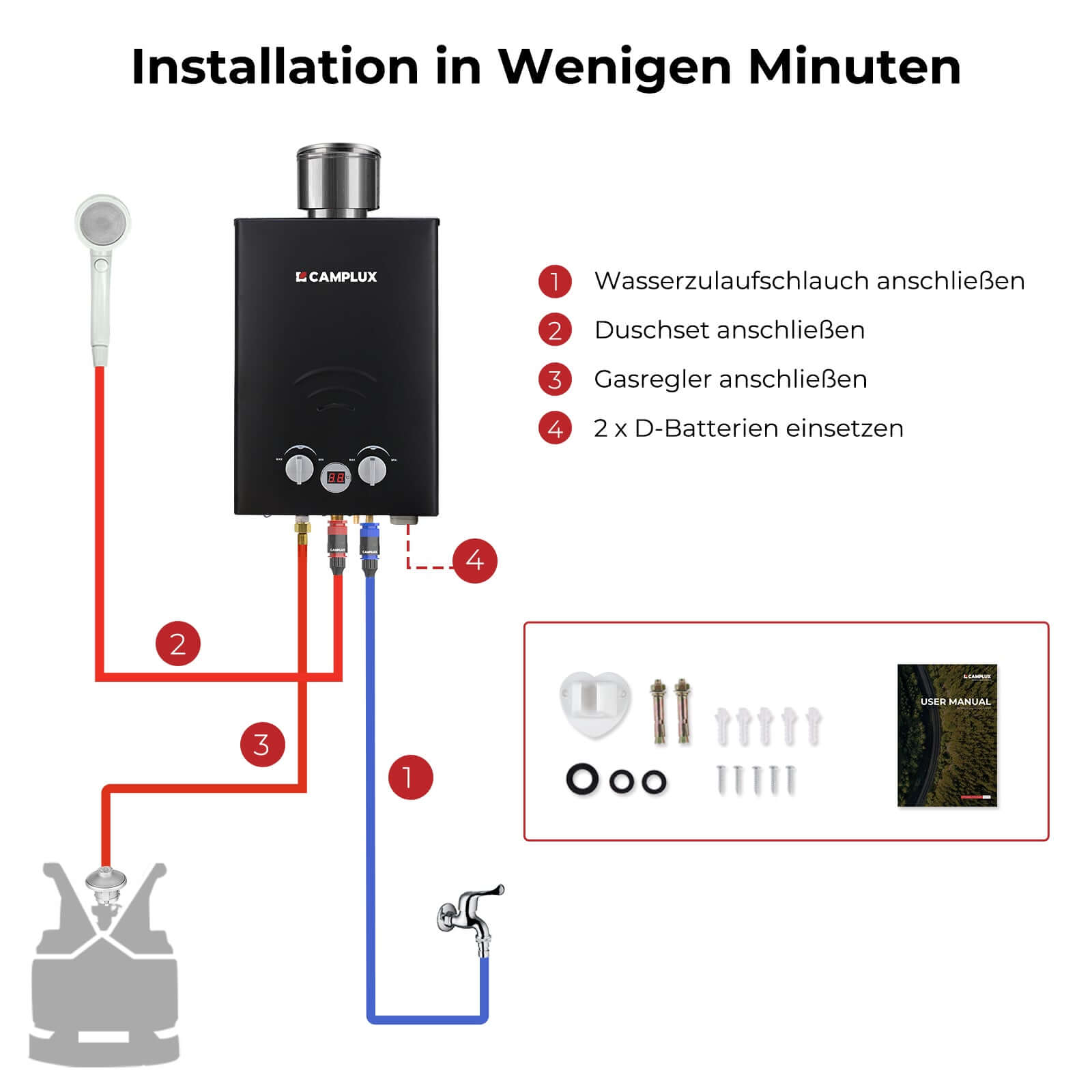 Camplux BW158BC Gasdurchlauferhitzer mit Regenhaube, Tankless Propangas Durchlauferhitzer Tragbar 6 Liter, 12kW, mit CE-zertifiziert GAR Standard, für Camping Pferdedusche 