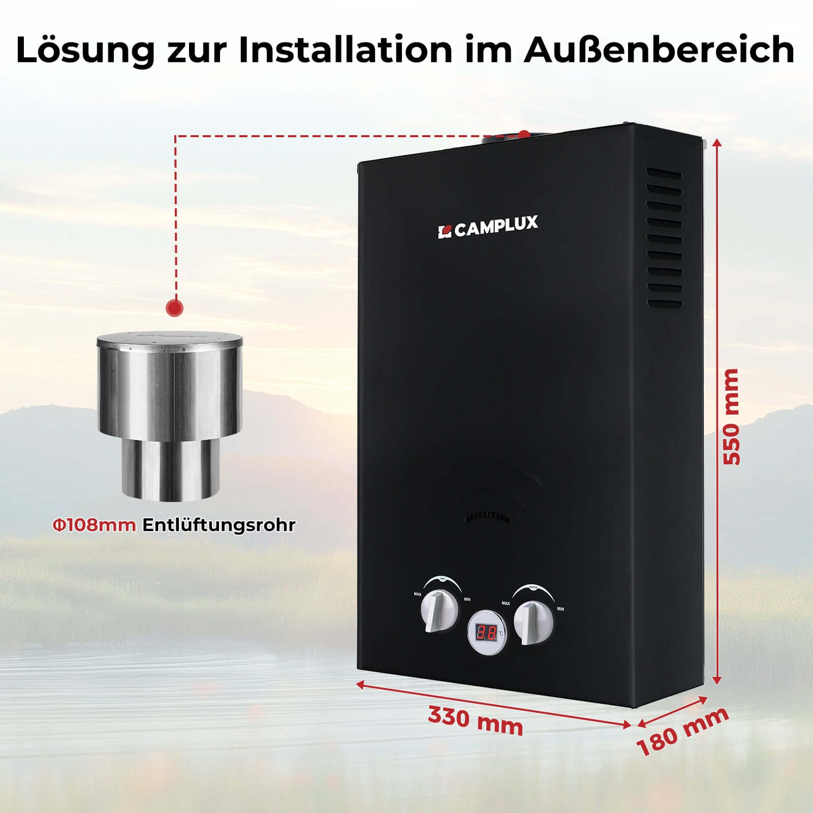 Camplux BW264BC 10 Liter Gasdurchlauferhitzer im Freien 50mbar, Tankless Gasdusche mit Edelstahl-Regenkappe, Propangas/Butangas, für Campingdusche/Wohnmobilausflug/Waschpferd