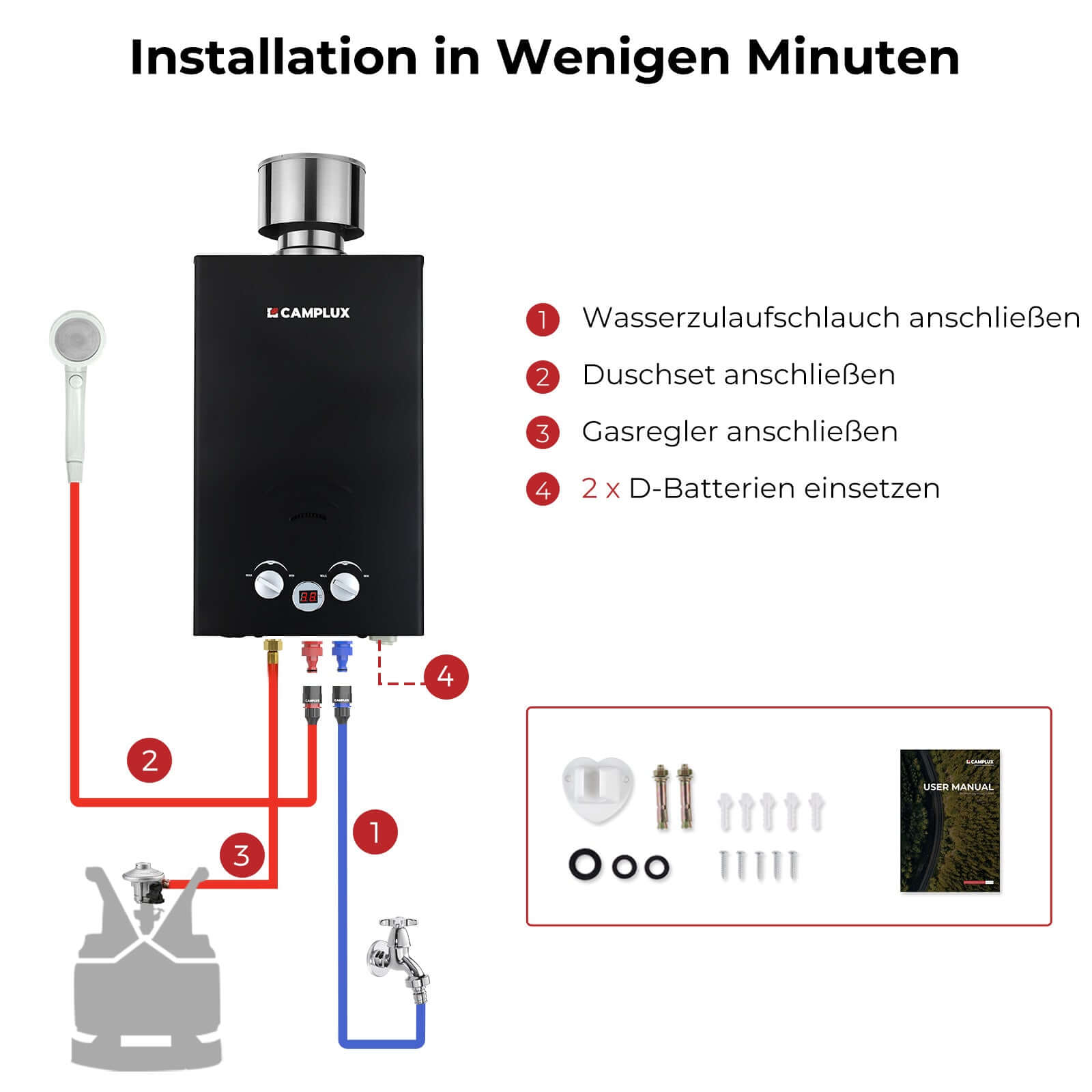 Camplux BW264BC 10 Liter Gasdurchlauferhitzer im Freien 50mbar, Tankless Gasdusche mit Edelstahl-Regenkappe, Propangas/Butangas, für Campingdusche/Wohnmobilausflug/Waschpferd