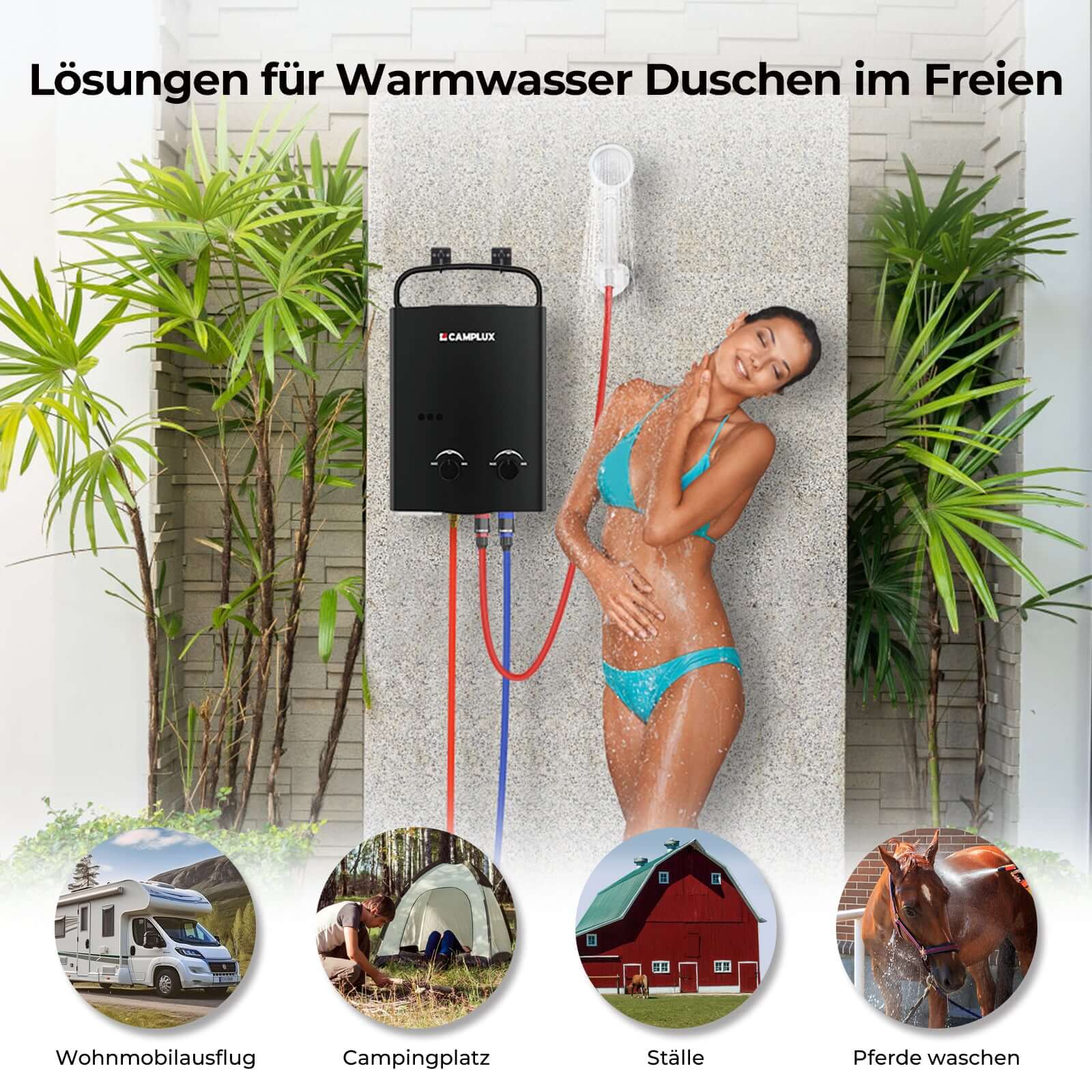 Camplux AY132B 5 Liter Gasdurchlauferhitzer mit tragbarem Griff, Tankless LPG Durchlauferhitzer 37mbar, 10kW, Propan- oder Butangas, für Campingdusche Pferdedusche [Energieklasse A] 