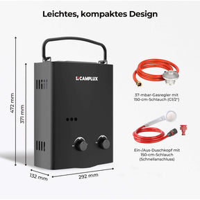 Camplux AY132B 5 Liter Gasdurchlauferhitzer mit tragbarem Griff, Tankless LPG Durchlauferhitzer 37mbar, 10kW, Propan- oder Butangas, für Campingdusche Pferdedusche [Energieklasse A] 