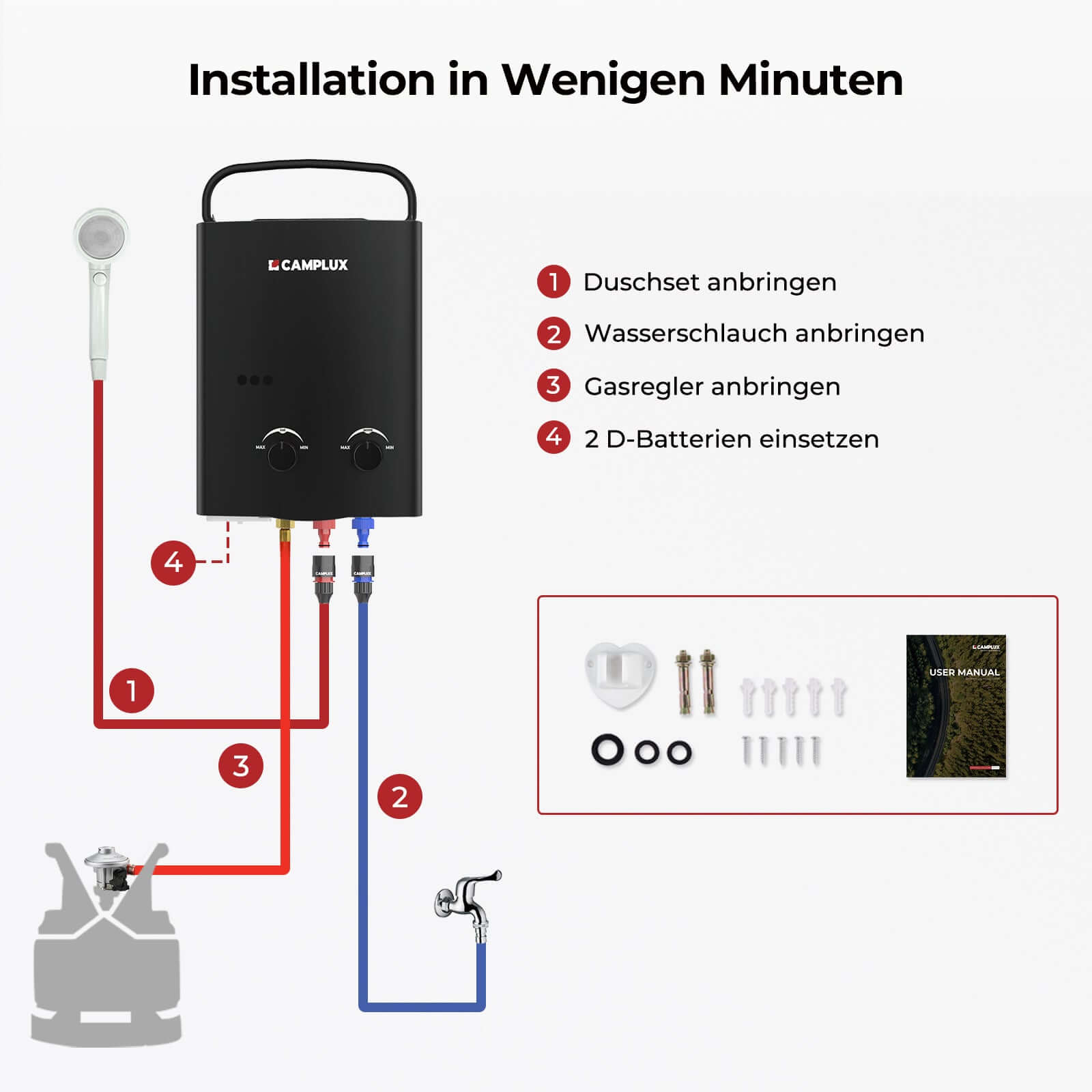 Camplux AY132B 5 Liter Gasdurchlauferhitzer mit tragbarem Griff, Tankless LPG Durchlauferhitzer 37mbar, 10kW, Propan- oder Butangas, für Campingdusche Pferdedusche [Energieklasse A] 