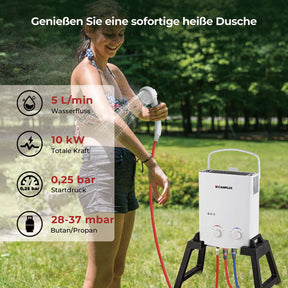 Camplux AY132Max 5L Gas-Durchlauferhitzer mit Halterung, freistehender LPG-Durchlauferhitzer für Campingdusche, mit 12-V-Wasserpumpe [Energieklasse A+] 