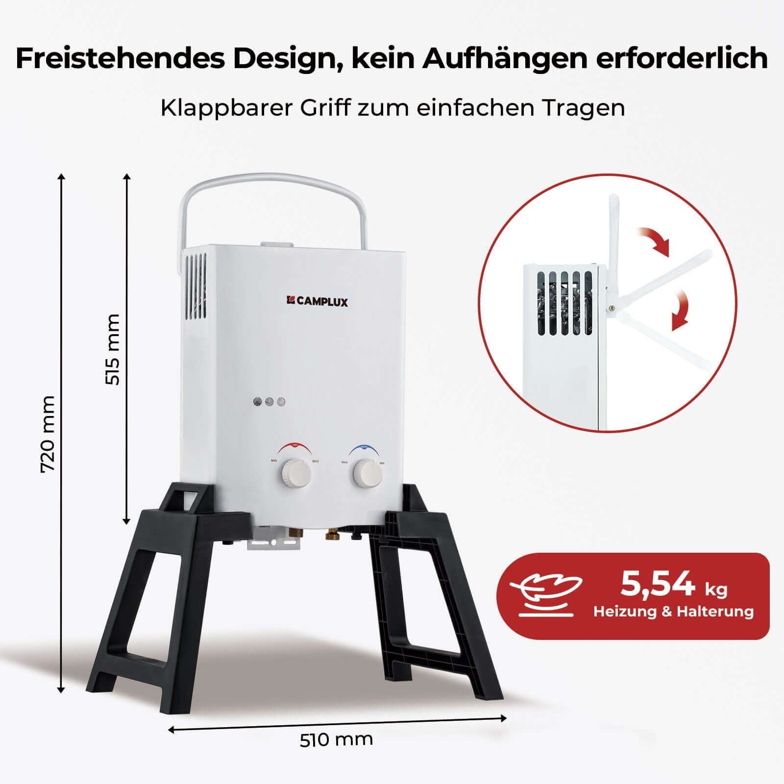 Camplux AY132Max 5L Gas-Durchlauferhitzer mit Halterung, freistehender LPG-Durchlauferhitzer für Campingdusche, mit 12-V-Wasserpumpe [Energieklasse A+] 