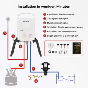 Camplux AY132Max 5L Gas-Durchlauferhitzer mit Halterung, freistehender LPG-Durchlauferhitzer für Campingdusche, mit 12-V-Wasserpumpe [Energieklasse A+] 