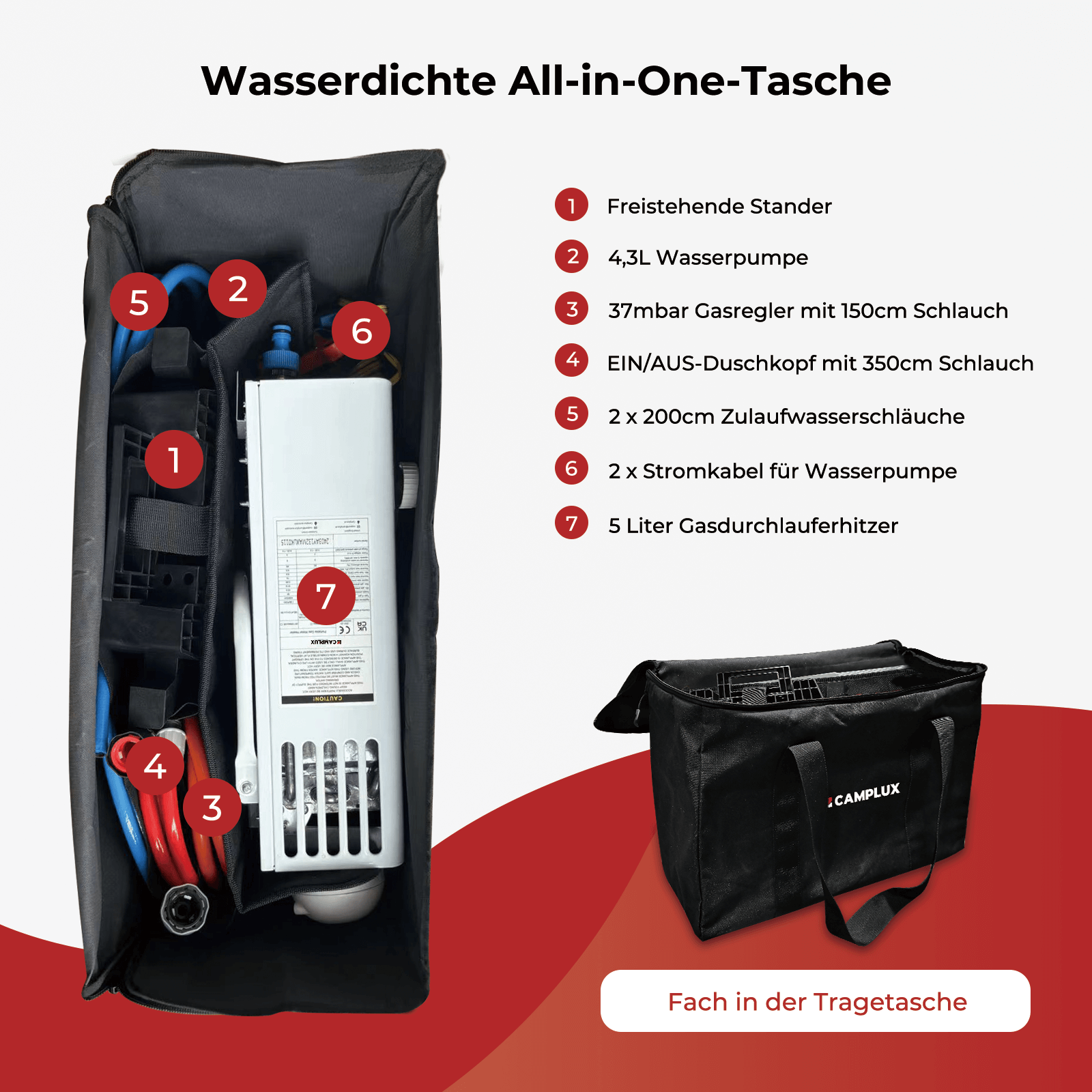 Camplux AY132Max 5L Gas-Durchlauferhitzer mit Halterung, freistehender LPG-Durchlauferhitzer für Campingdusche, mit 12-V-Wasserpumpe [Energieklasse A+] 