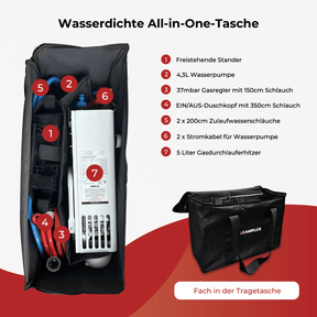 Camplux AY132Max 5L Gas-Durchlauferhitzer mit Halterung, freistehender LPG-Durchlauferhitzer für Campingdusche, mit 12-V-Wasserpumpe [Energieklasse A+] 