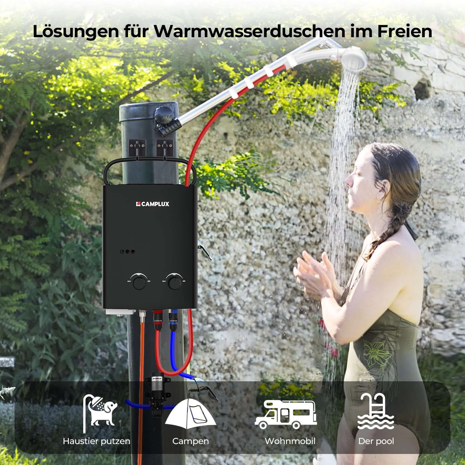 Camplux AY132P43 5 Liter Gasdurchlauferhitzer mit tragbarem Griff, Tankless LPG Durchlauferhitzer für Campingdusche Pferdedusche, Propan- oder Butangas, 10kW, 37mbar 