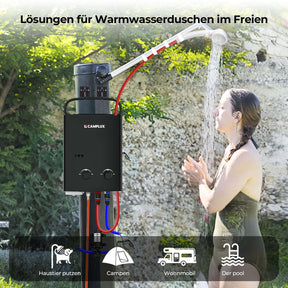 Camplux AY132P43 5 Liter Gasdurchlauferhitzer mit tragbarem Griff, Tankless LPG Durchlauferhitzer für Campingdusche Pferdedusche, Propan- oder Butangas, 10kW, 37mbar 