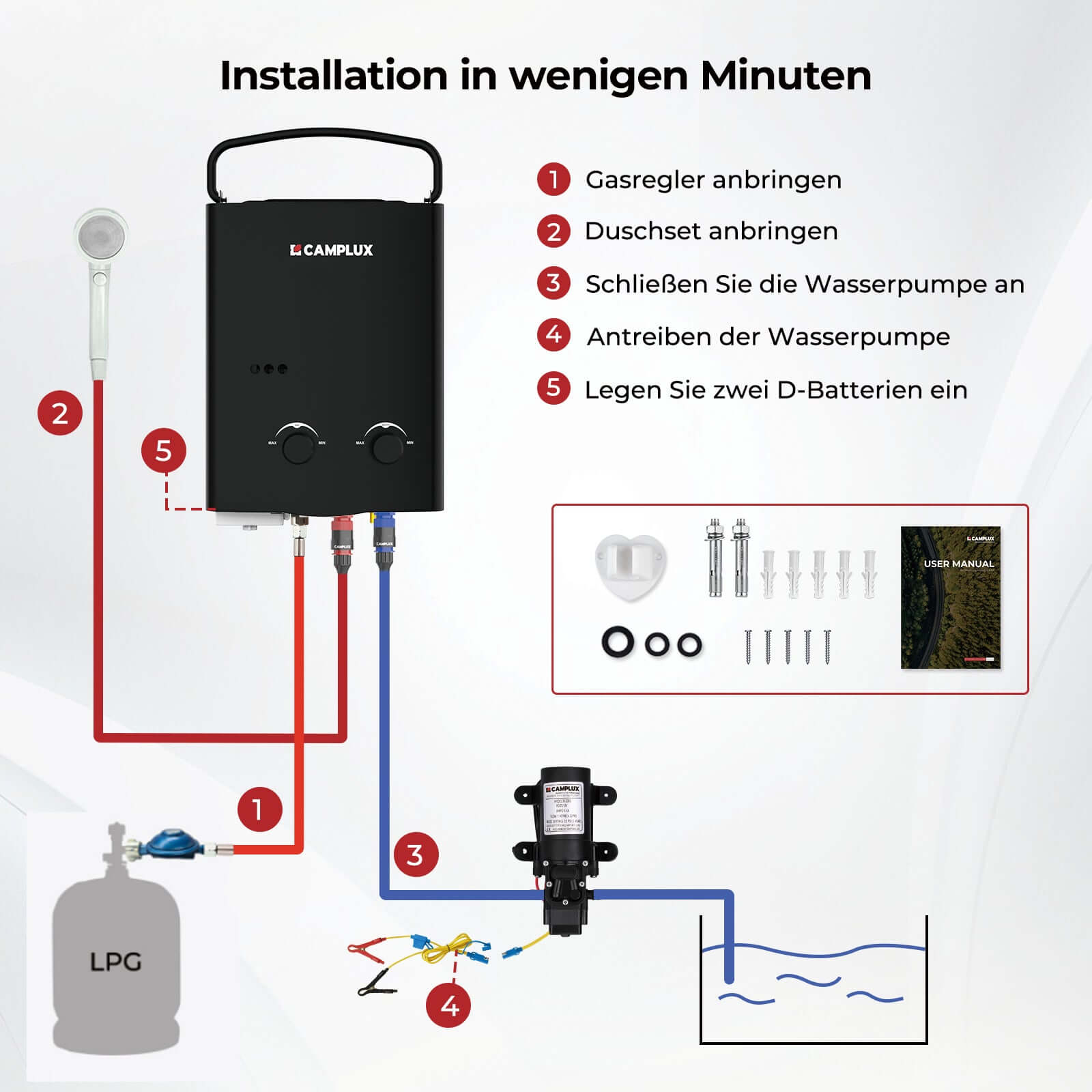 Camplux AY132P43 5 Liter Gasdurchlauferhitzer mit tragbarem Griff, Tankless LPG Durchlauferhitzer für Campingdusche Pferdedusche, Propan- oder Butangas, 10kW, 37mbar 