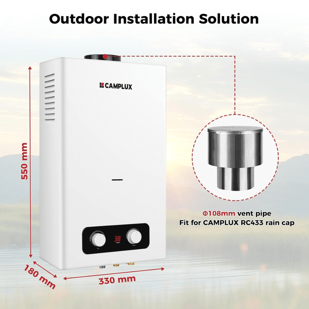 Camplux 10 Liter Gasdurchlauferhitzer, CAMPLUX BD264 Outdoor-Warmwasserbereiter, Propan-/Butan, 37/28-30mbar, für Wohnmobile/Camping [Energieklasse A+]