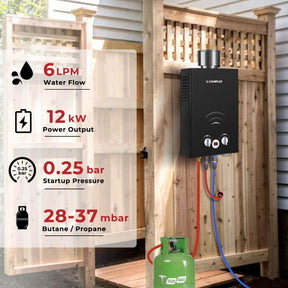 Camplux BW158BC 6L Gasdurchlauferhitzer mit Regenkappe für Außendusche, Camping, Wohnmobilausflug, Pferdewaschen [Energieklasse A+] 