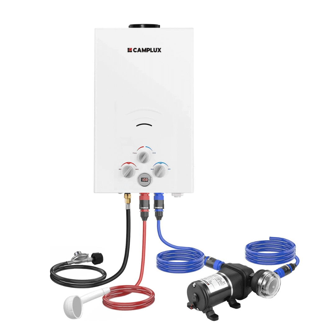 Chauffe-eau portable sans réservoir au propane pour l'extérieur, douches de camping chaudes instantanées Camplux 2,64 GPM avec pompe à eau de 3,3 GPM et crépine de tuyau 